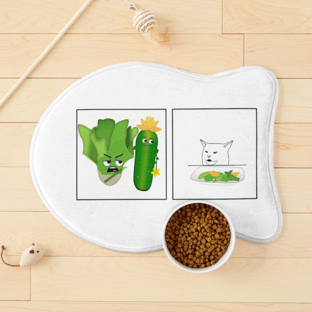 Merchandise showcasing the iconic 'yelling cat' meme, creatively reimagined with the cat as lettuce, surrounded by animated vegetables expressing their outrage. A humorous twist on the viral meme for garden and salad lovers